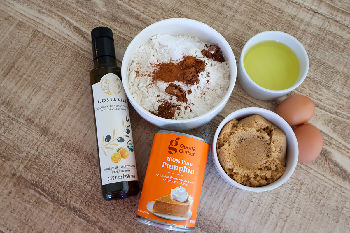 Overhead shot of individual muffin ingredients