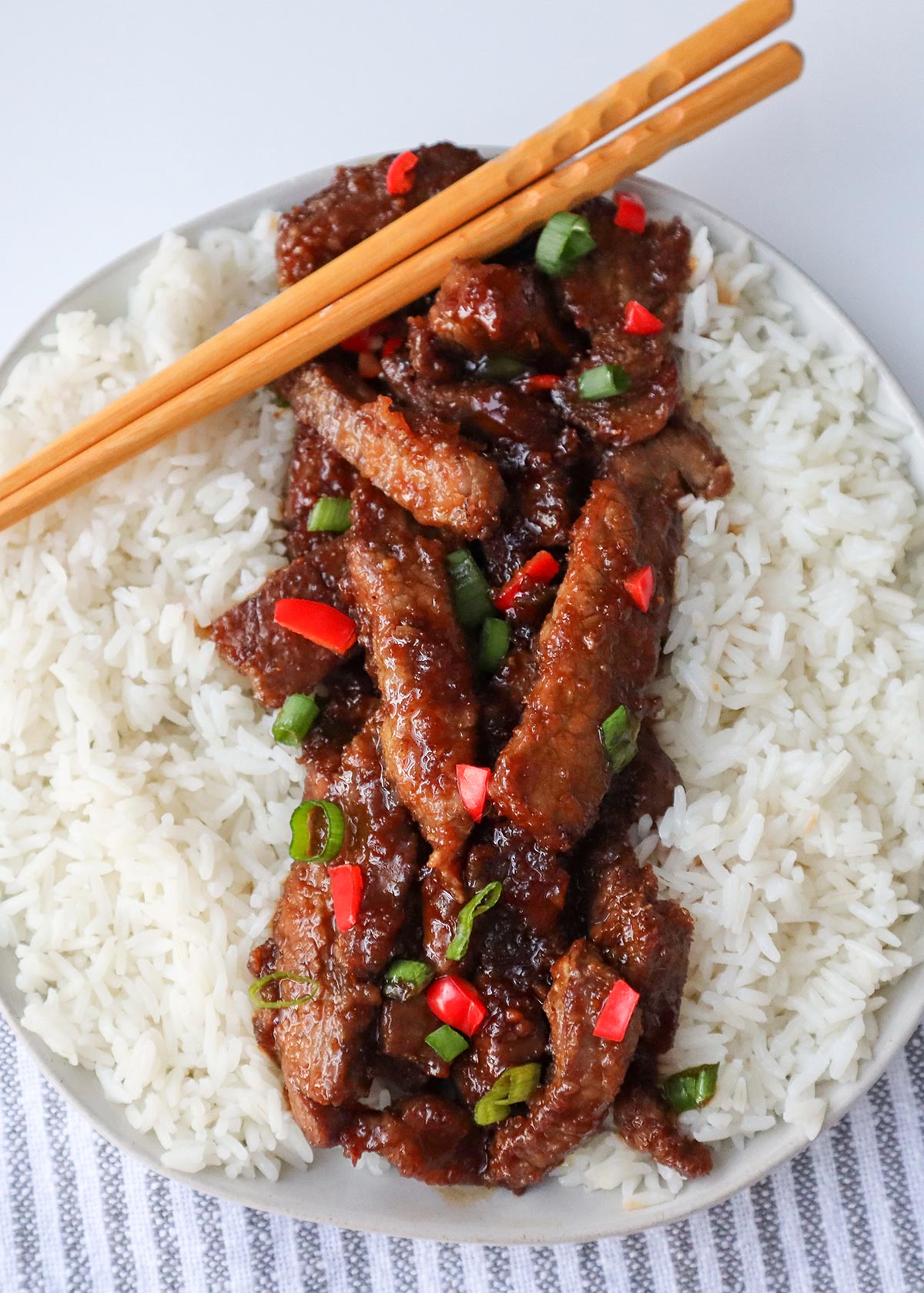 Overhead shot of plateful of beef and rice.