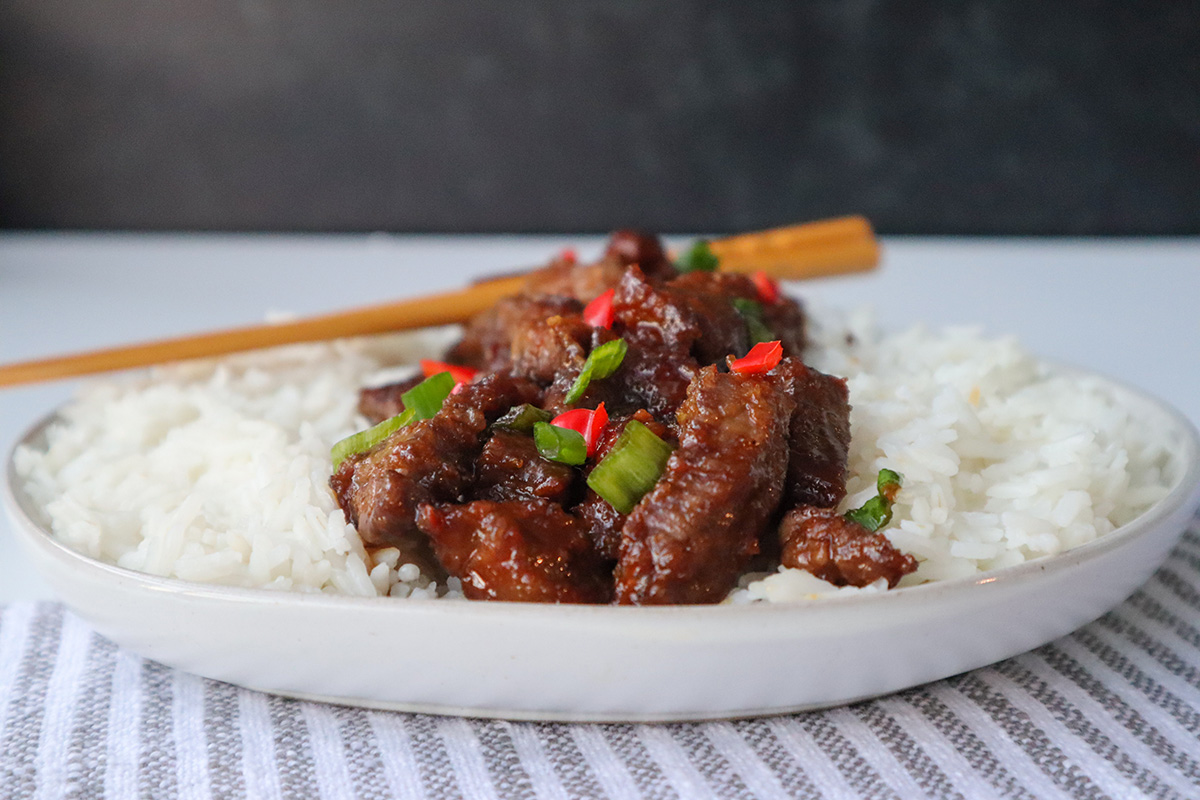 Plateful of air fryer beef with rice.