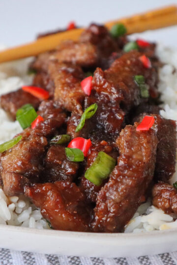 Plateful of Mongolina beef with rice.