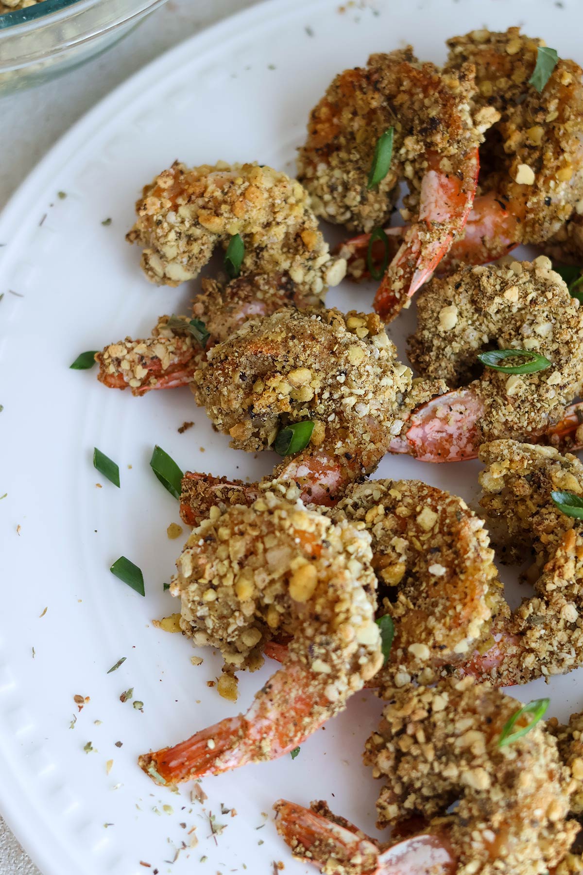 Overhead shot of plateful of panko shrimp.