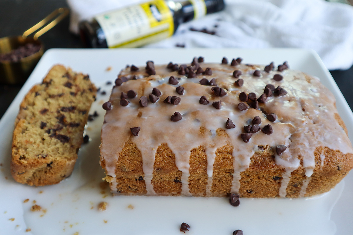 Chocolate chip quick bread on plate.