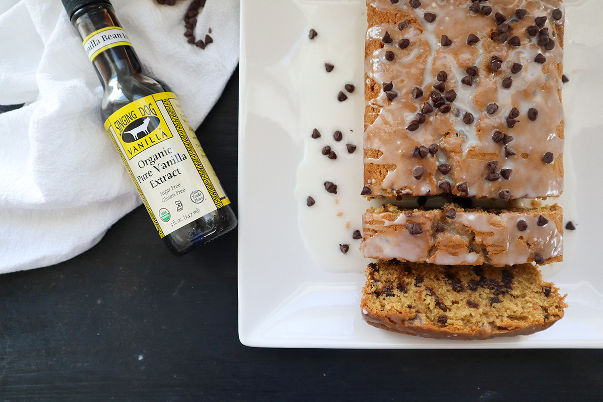 Overhead shot of chocolate chip loaf on plate.