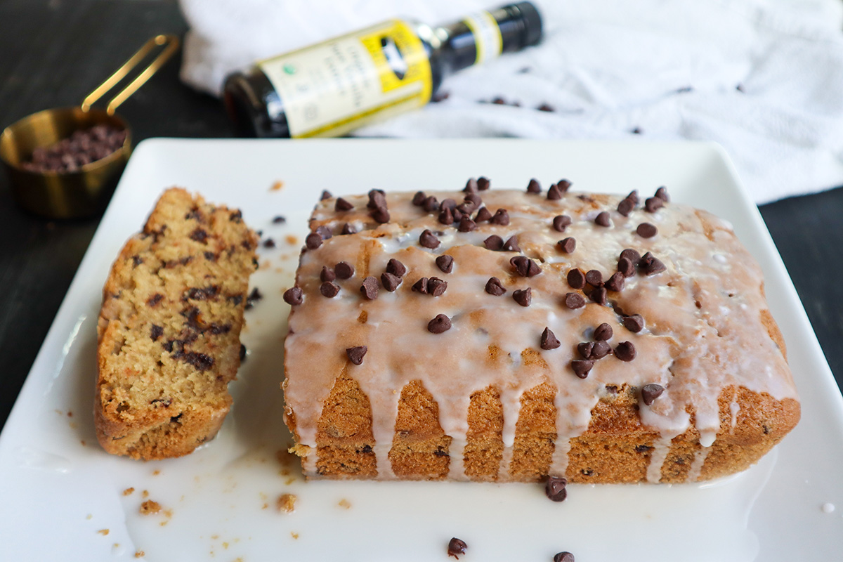 Chocolate chip loaf on plate.