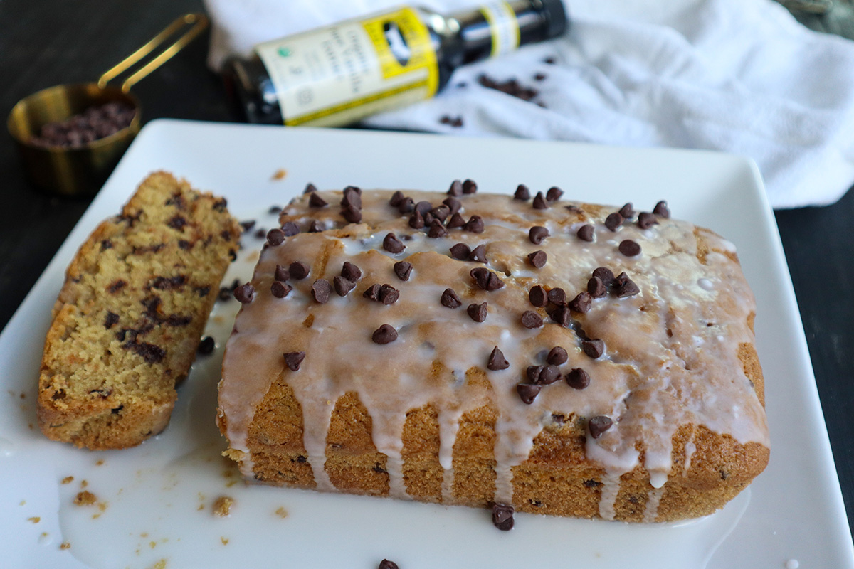 Closeup shot of plate with choclate chip loaf.
