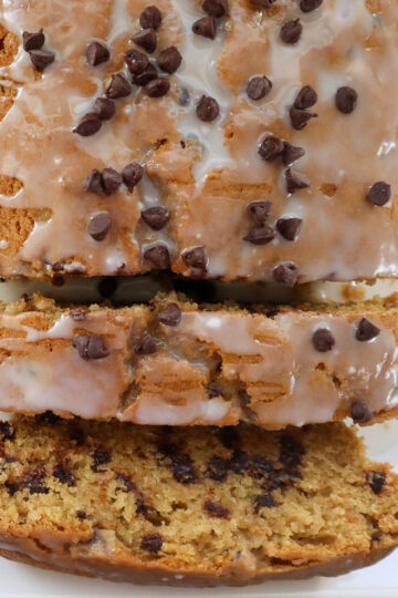 Overhead shot of glazed chocolate chip quick bread.