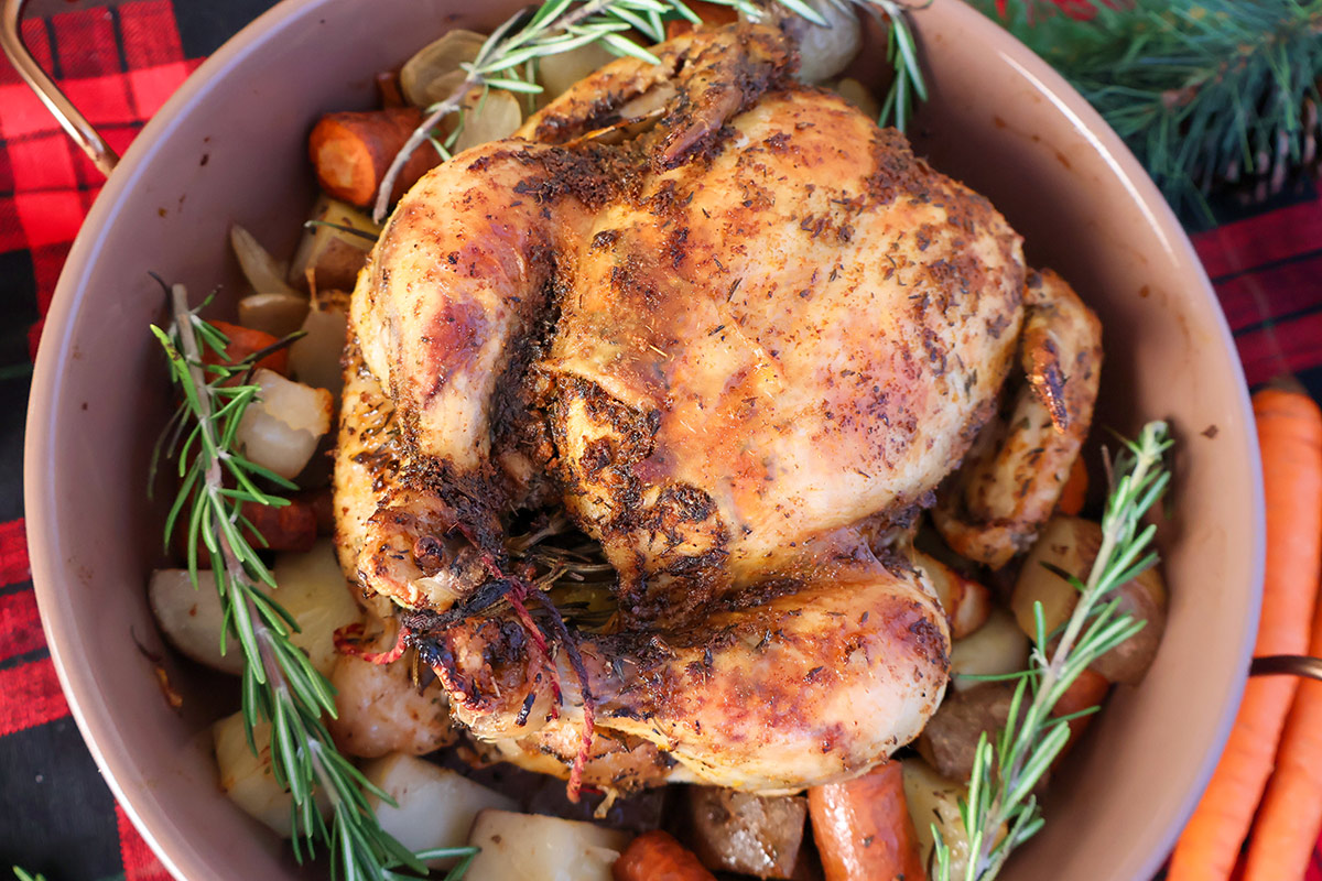 Roasted whole chicken in a crockpot. 