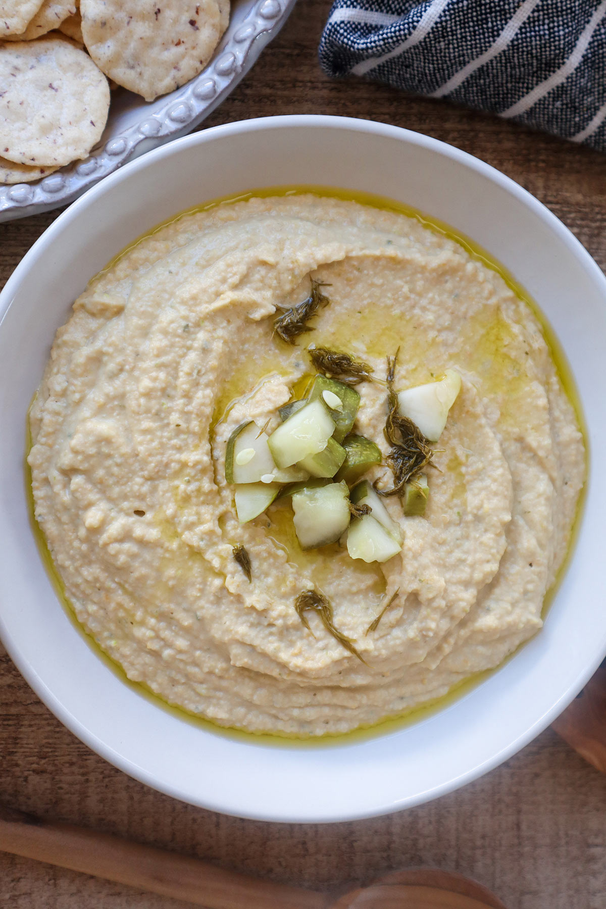 Overhead shot of bowlful of hummus.