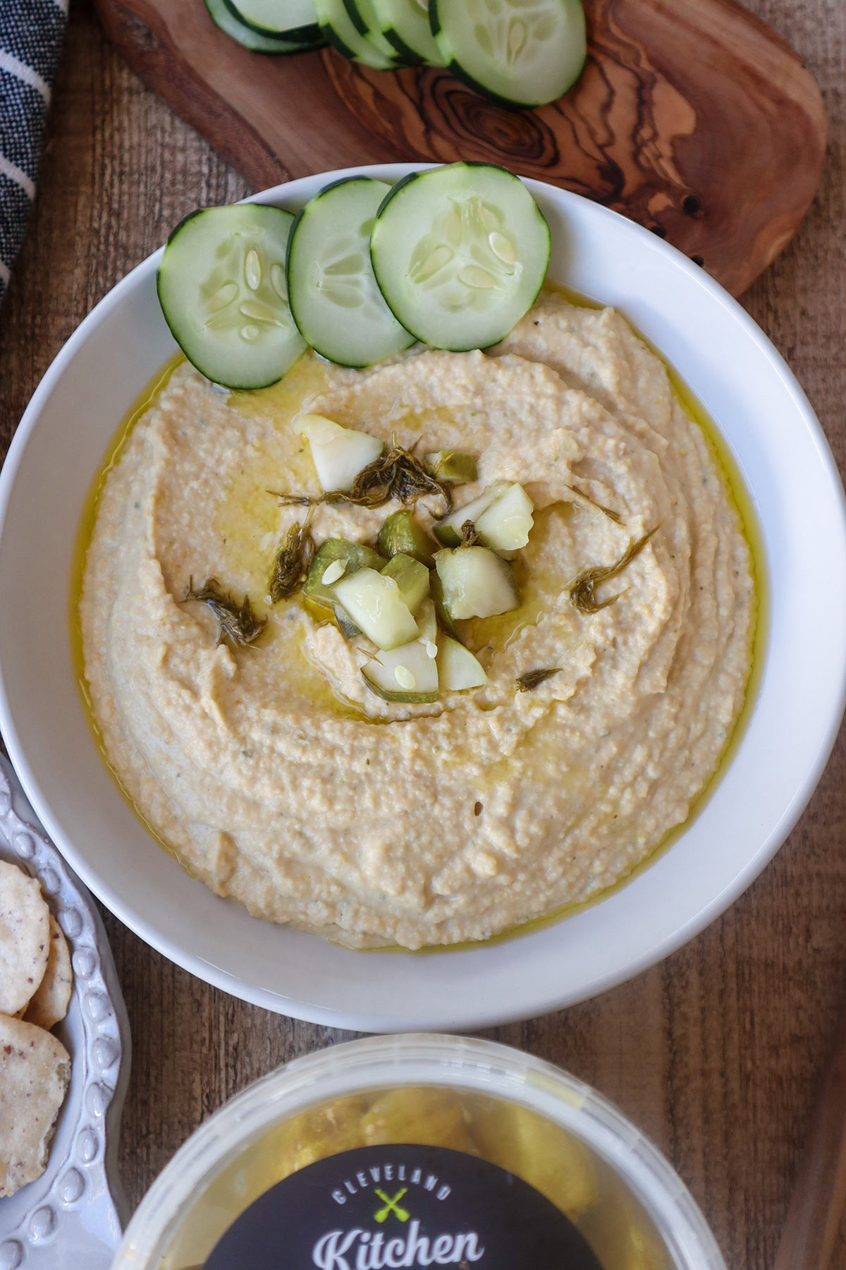 Overhead shot of dill pickle garlic hummus.