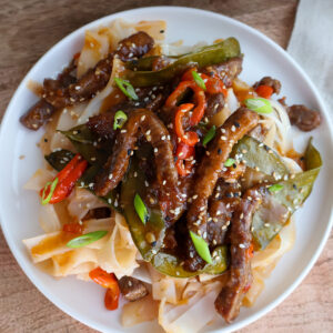 Overhead shot of bowlful of beef and vegetables.
