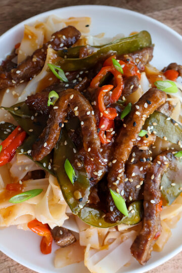 Overhead shot of bowlful of beef and vegetables.