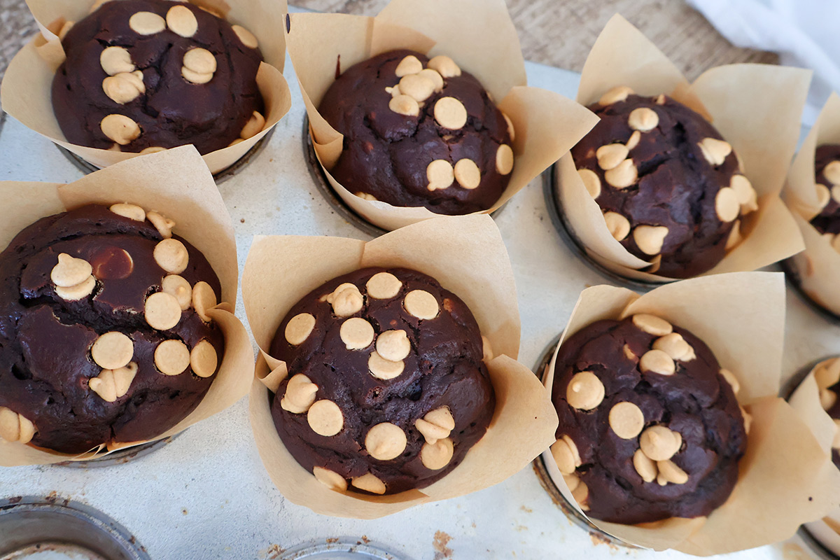 An overhead shot of chocolate muffins with peanut butter chips on the table.