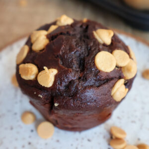 A closeup shot of a chocolate peanut butter muffin.