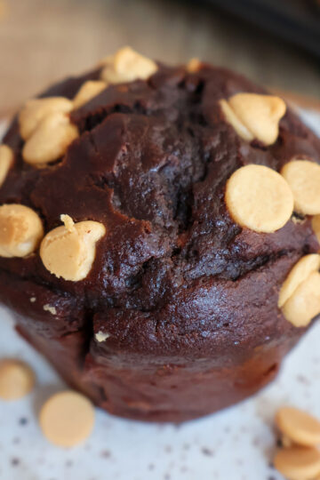 A closeup shot of a chocolate peanut butter muffin.