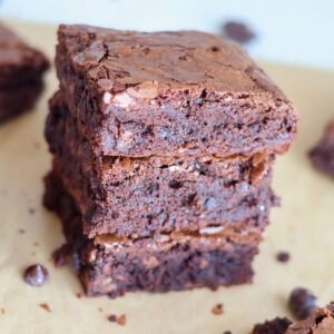 A stack of three nut free brownies.