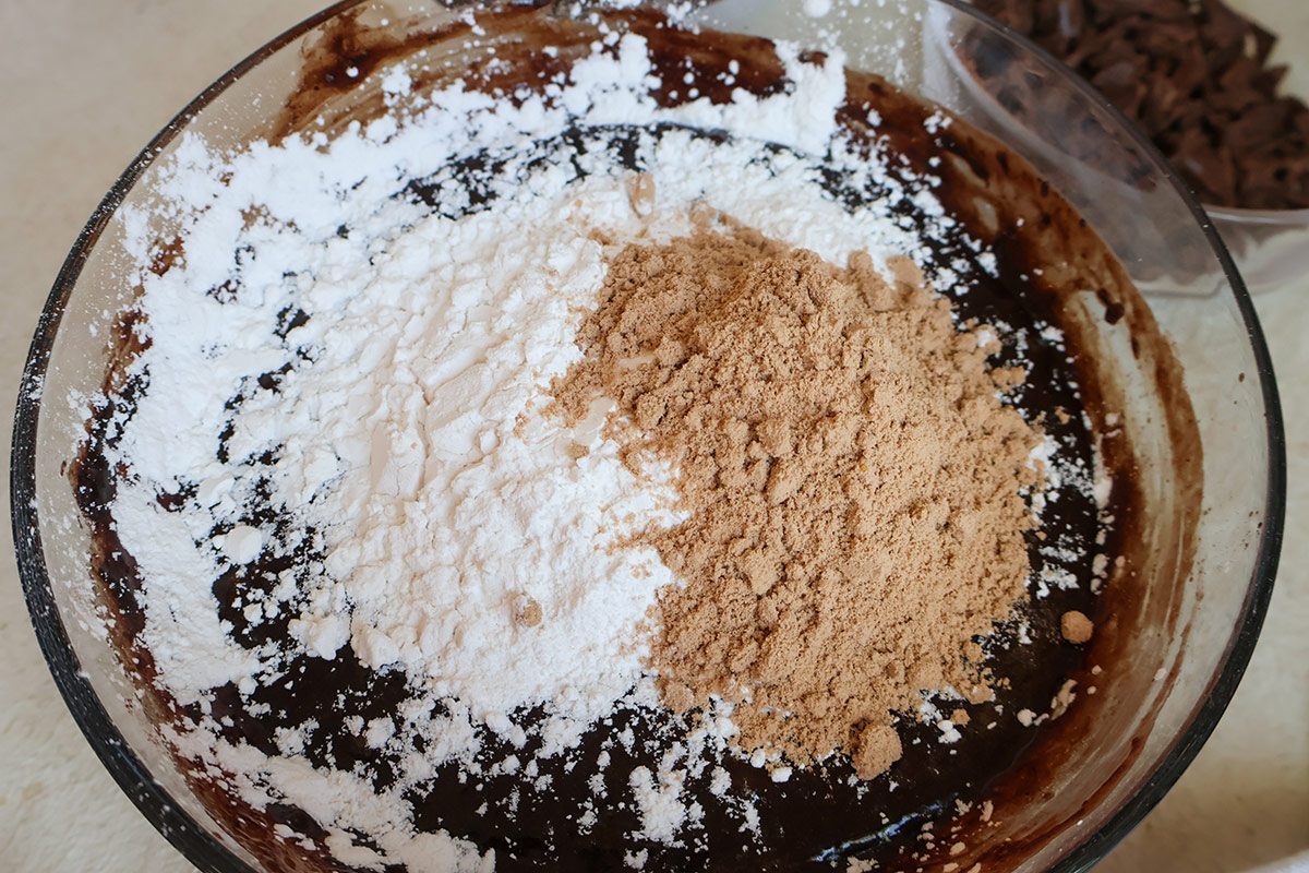 A bowful of melted chocolate, sugar, and flour.