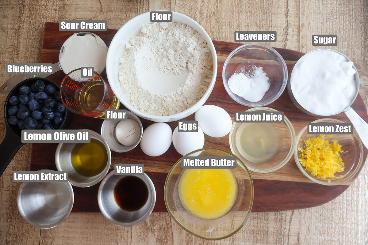 Individual loaf cake ingredients in bowls.