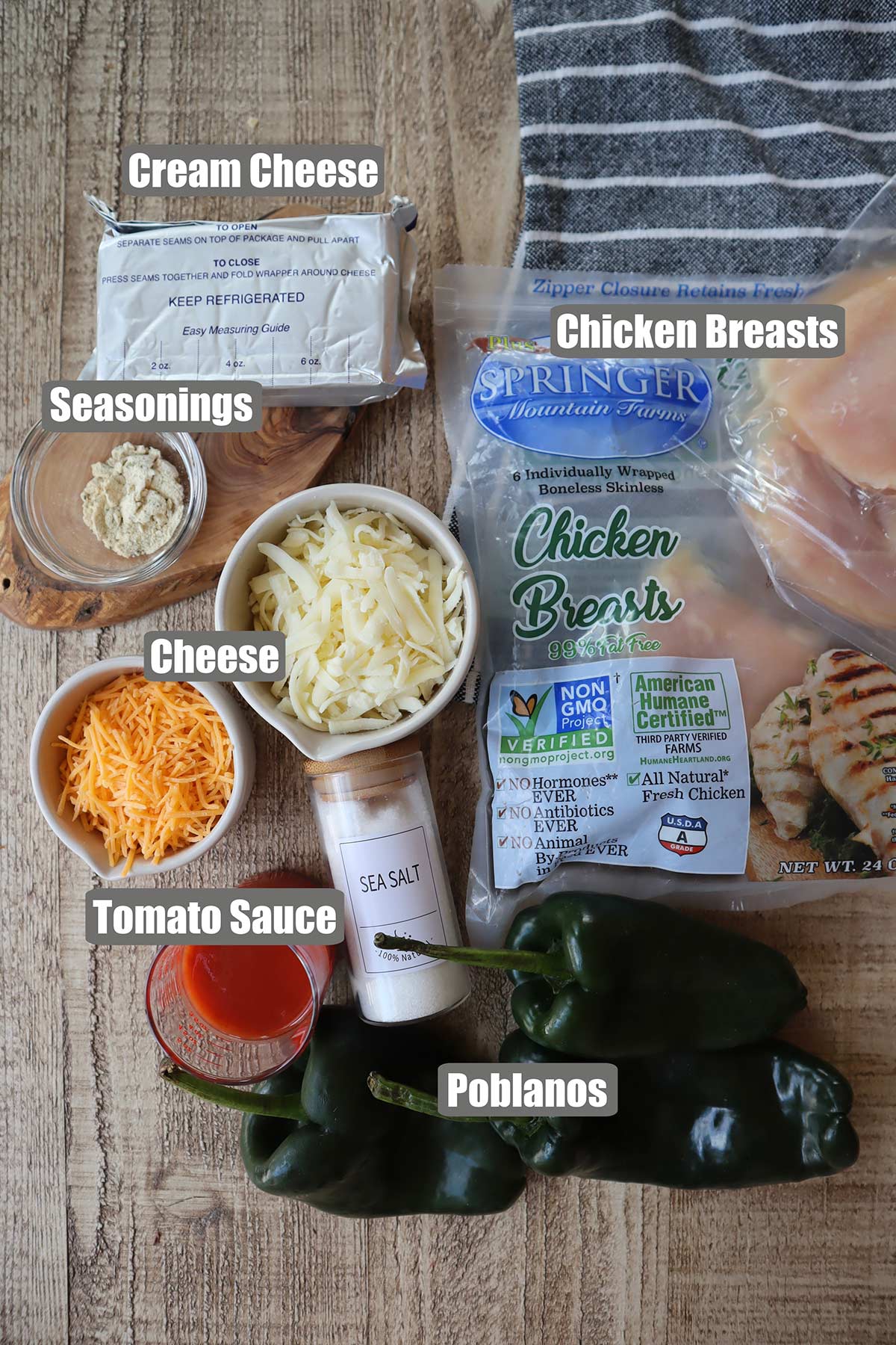 Individual stuffed poblano ingredients in bowls.