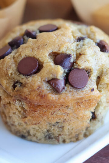 A chocolate chip banana muffin on a plate.