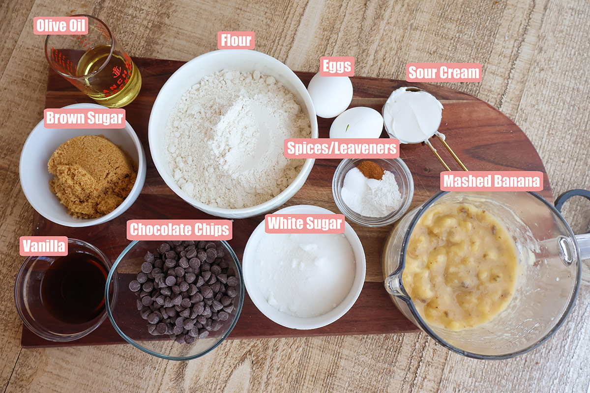 Individual banana muffin ingredients in bowls.
