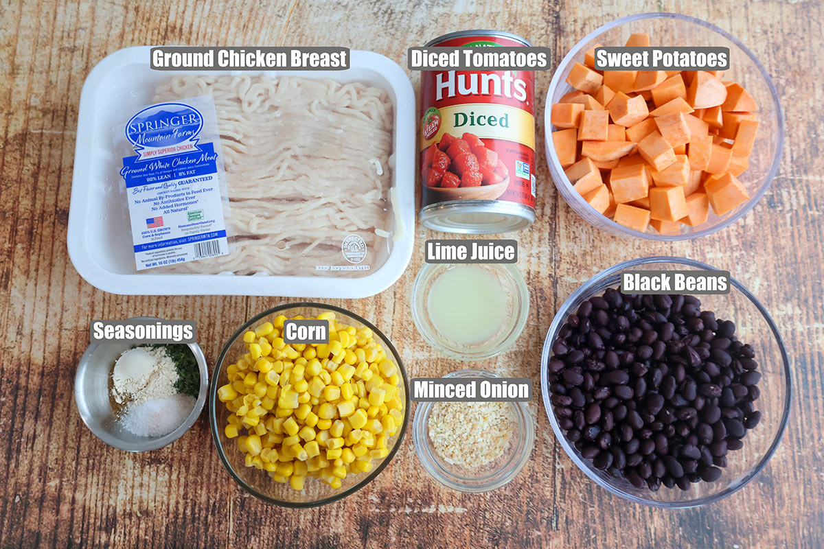 Individual chicken sweet potato hash ingredients in bowls.