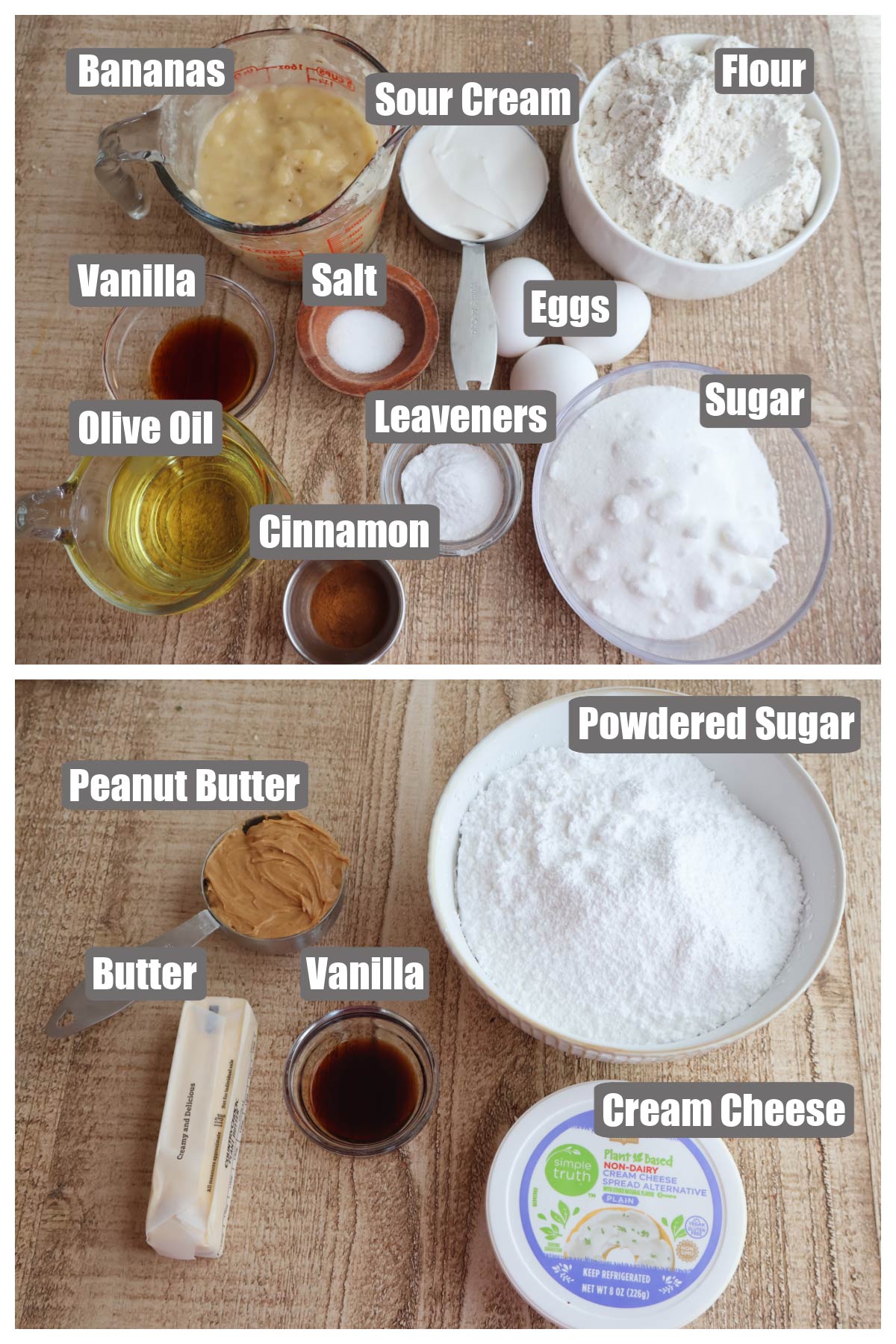 Individual cake and frosting ingredients in bowls. 