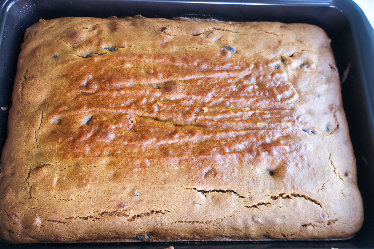 Baked pumpkin cake in a baking dish.