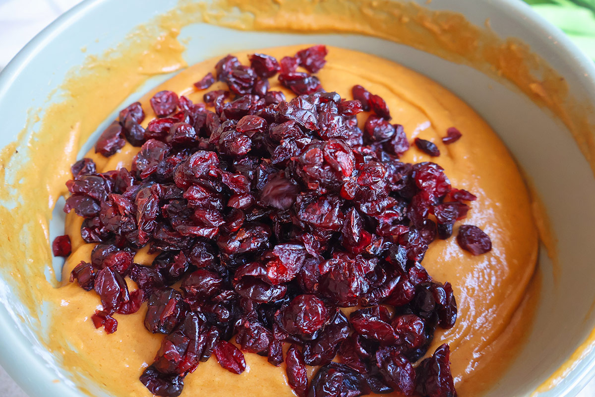 A mixing bowl filled with pumpkin batter and dried cranberries.