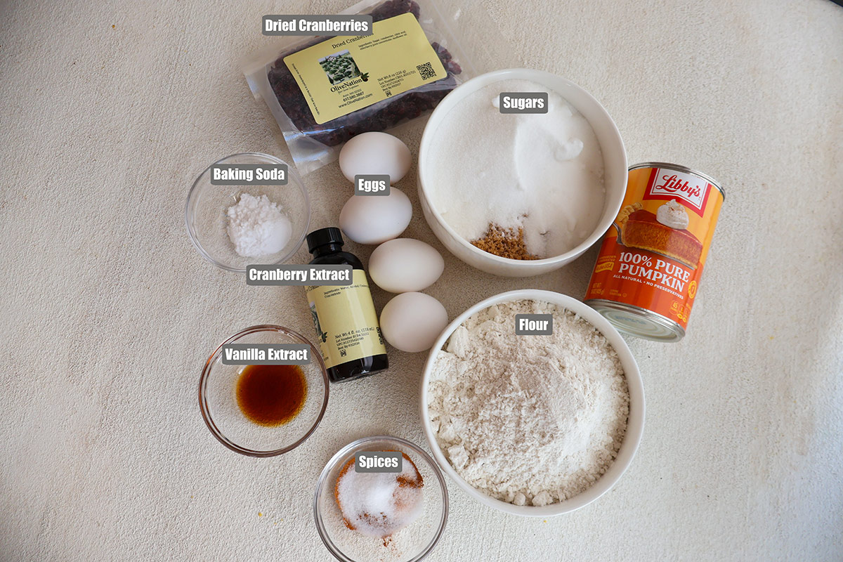 Individual pumpkin cake ingrediens in bowls.