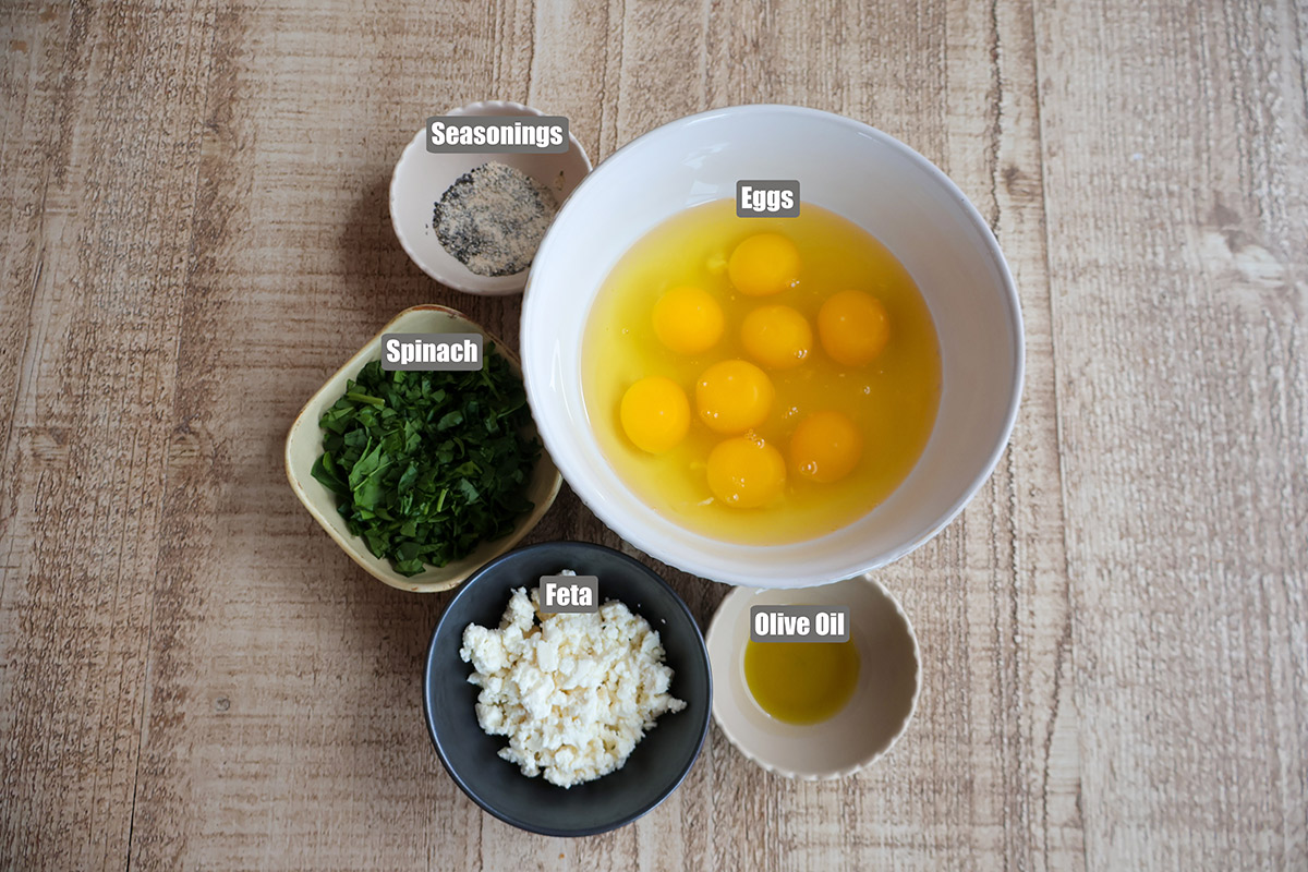 Individual egg cup ingredients in bowls.