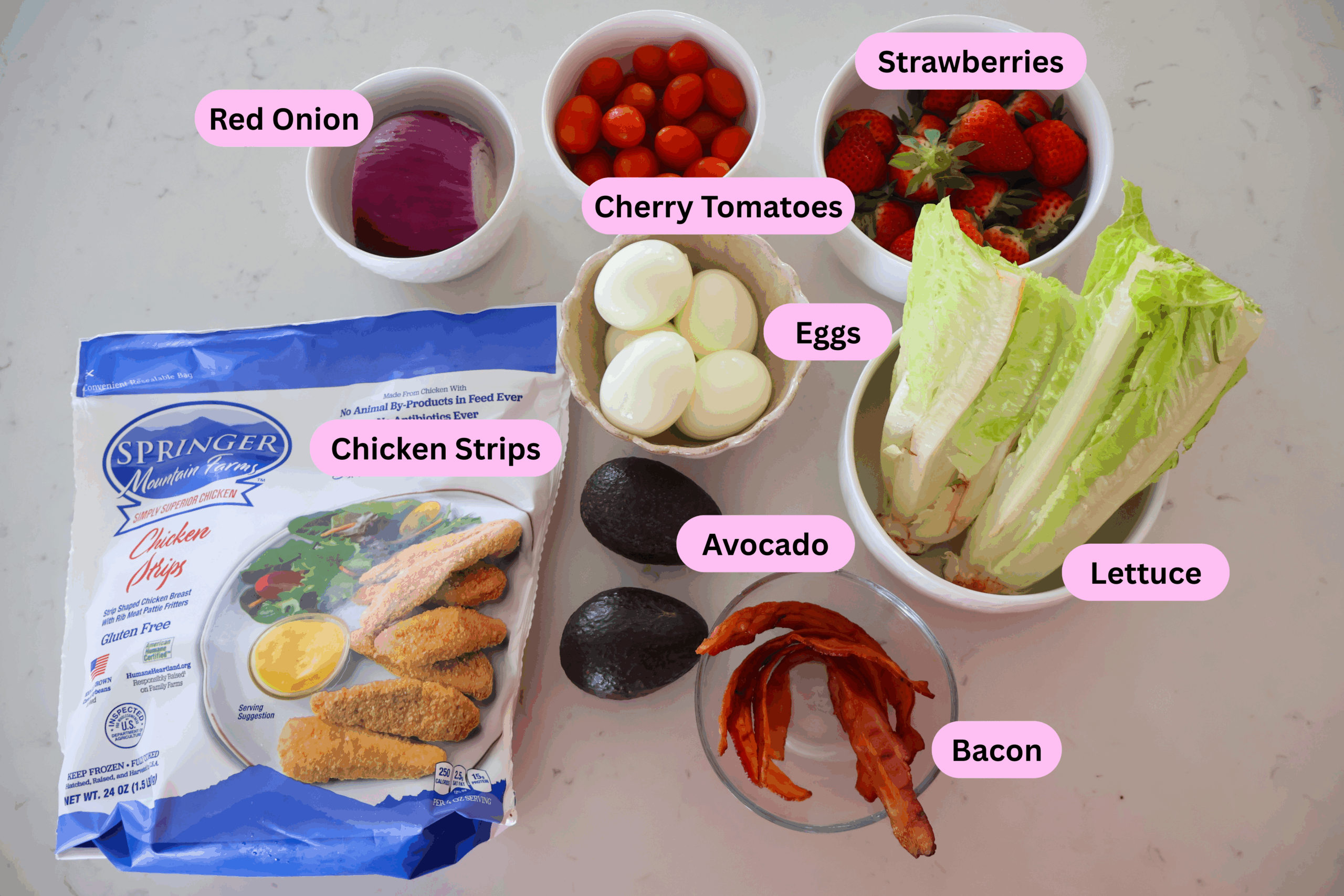 Strawberry Cobb Salad ingredients labeled.
